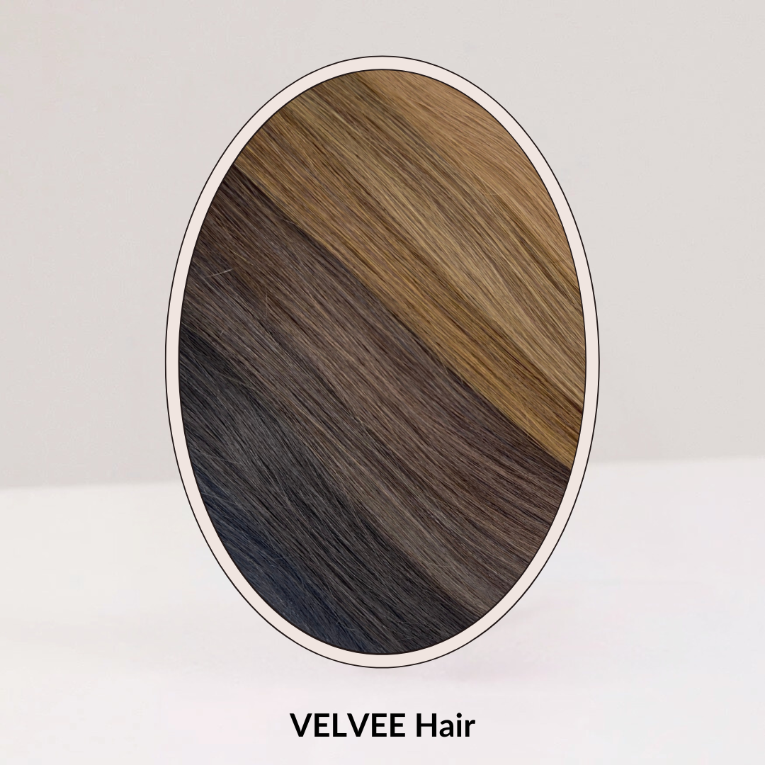VELVEE Hair, brown tape in hair extensions. Showing DIY hair extension kit colors in brown hair extensions, black hair extensions and light brown hair extensions.