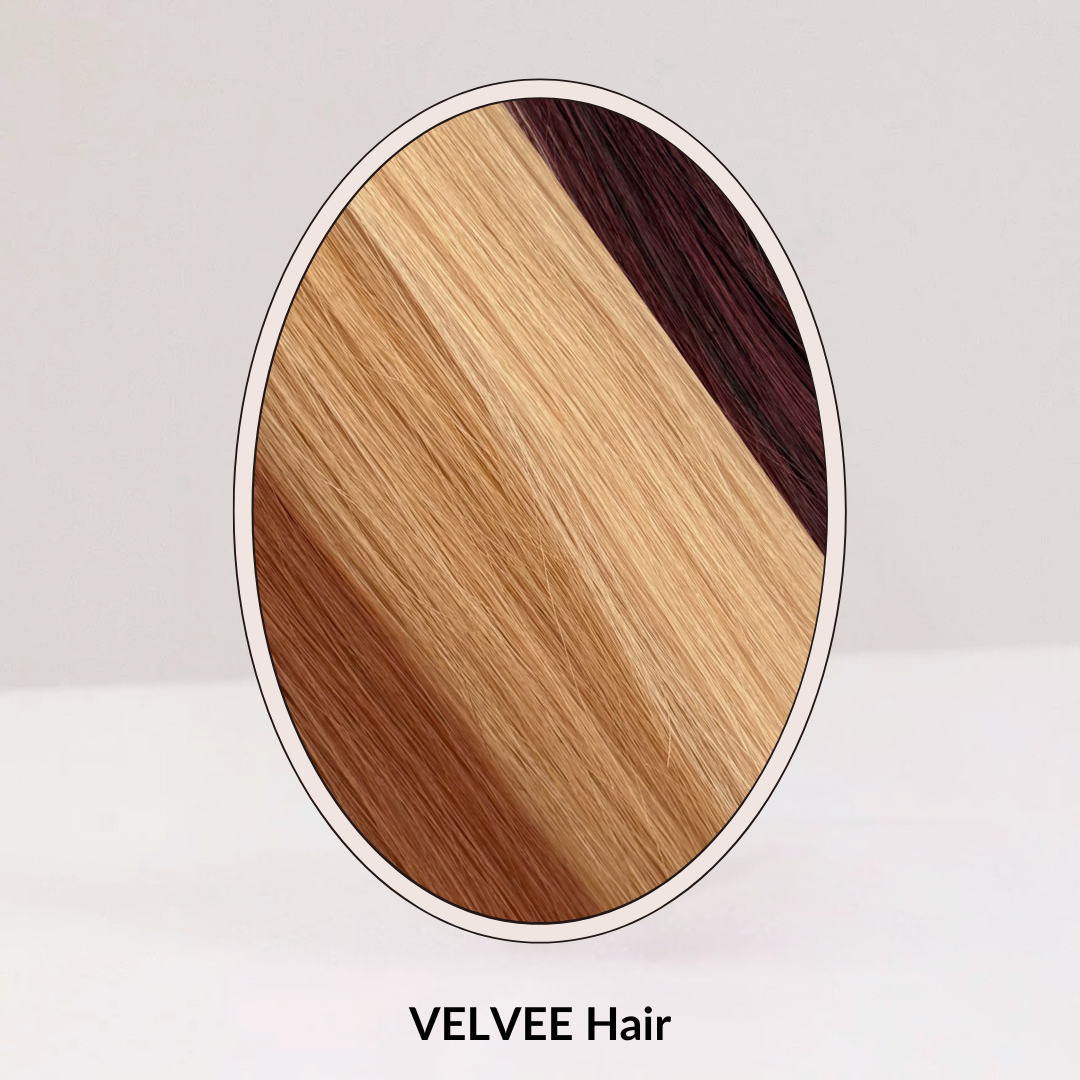 VELVEE Hair, red tape in hair extensions. Showing DIY hair extension kit colors in red hair extensions including natural red hair extensions, strawberry blonde hair extensions and light strawberry blonde hair extensions.
