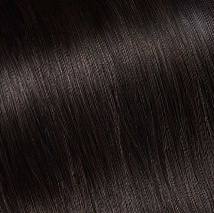 VELVEE tape in hair extensions swatch in darkest brown hair extensions color