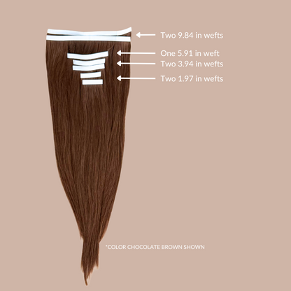 Chart says how many and size of wefts in each VELVEE Hair extensions.